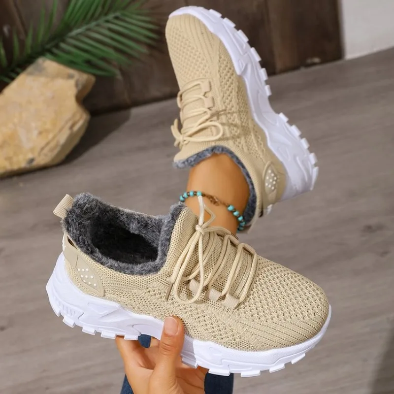 รองเท้าผ้าใบกันหนาวสำหรับผู้หญ - Knit Fabric Lace Up Sneakers บทวิจารณ์และราคา