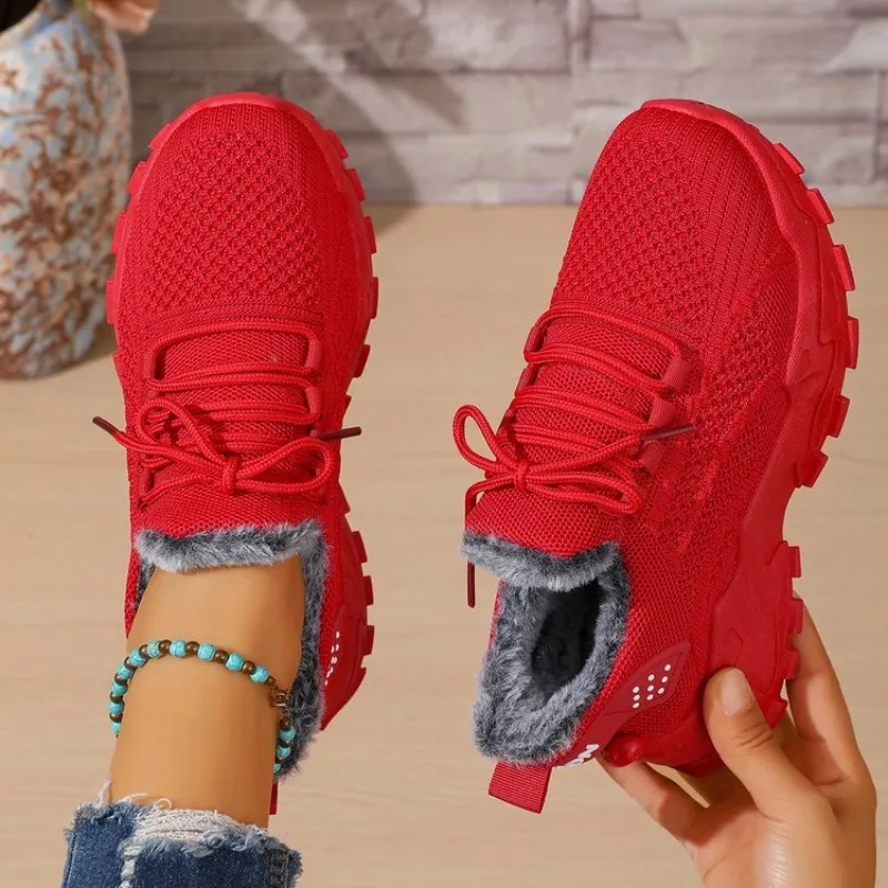 รองเท้าผ้าใบกันหนาวสำหรับผู้หญ - Knit Fabric Lace Up Sneakers บทวิจารณ์และราคา
